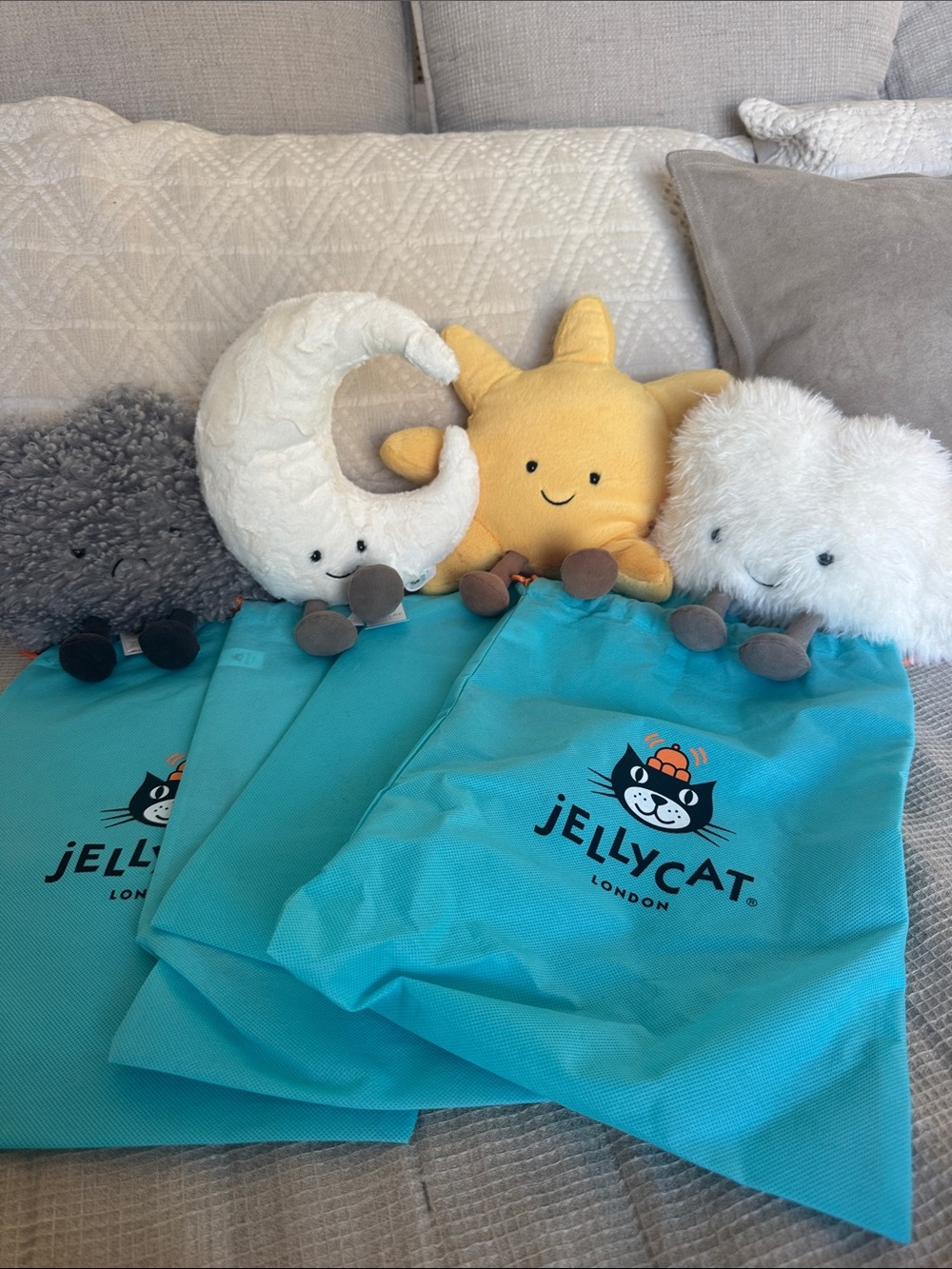Jellycat Plush Moon, Sun, Cloud & Star in Gray, White, Yellow, Cream